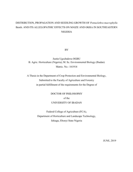 DISTRIBUTION, PROPAGATION and SEEDLING GROWTH of Pentaclethra Macrophylla Benth