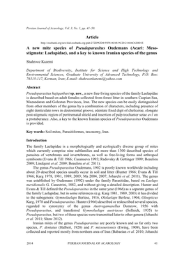 Article a New Mite Species of Pseudoparasitus Oudemans (Acari