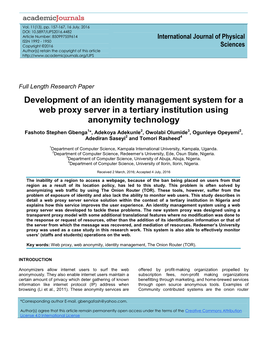 Development of an Identity Management System for a Web Proxy Server in a Tertiary Institution Using Anonymity Technology
