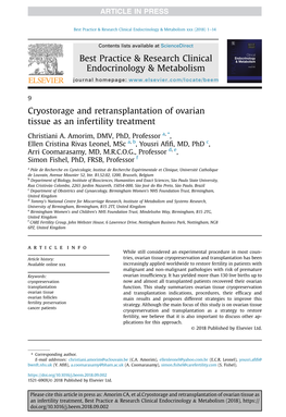 Cryostorage and Retransplantation of Ovarian Tissue As an Infertility Treatment