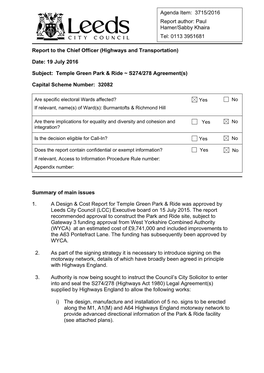 Temple Green Park and Ride Executive Board Report Which Determined That an Impact Assessment Was Not Necessary
