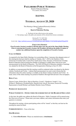 PAULSBORO PUBLIC SCHOOLS Board of Education Meeting PAULSBORO, NEW JERSEY