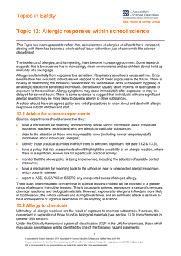 Topics in Safety Topic 13: Allergic Responses Within School Science