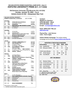 HOFSTRA UNIVERSITY PRIDE (6-7, 3-1 CAA) Vs