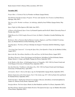 Books Listed in NASA's History Office Newsletter, 2007-2013. November