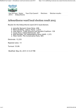 Arbourthorne Ward Local Election Result 2015