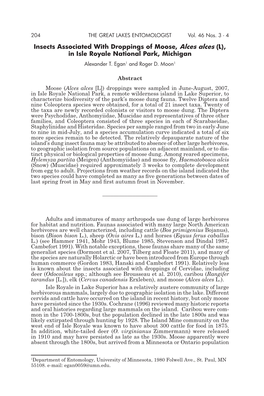 Insects Associated with Droppings of Moose, Alces Alces (L), in Isle Royale National Park, Michigan Alexander T