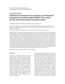 Original Article Testosterone Decreases the Expression of Endometrial Pinopode and L-Selectin Ligand (MECA-79) in Adult Female Rats During Uterine Receptivity Period