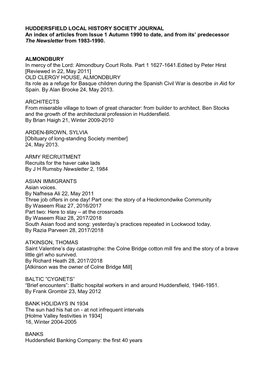 Huddersfield Local History Society's Journal Index of Articles