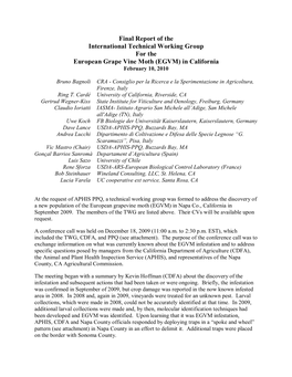 Final Report of the International Technical Working Group for the European Grape Vine Moth (EGVM) in California February 10, 2010