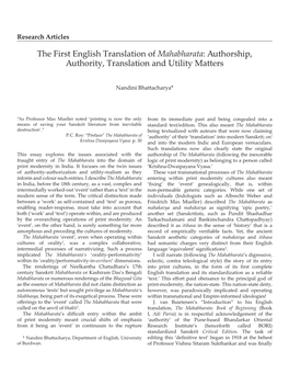 The First English Translation of Mahabharata: Authorship, Authority, Translation and Utility Matters