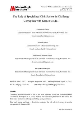 The Role of Specialized Civil Society in Challenge Corruption with Glance to I.R.I