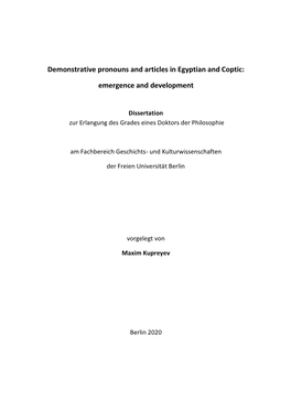 Demonstrative Pronouns and Articles in Egyptian and Coptic