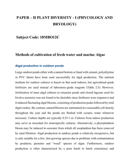(PHYCOLOGY and BRYOLOGY) Subject Code: 18MBO12C Methods