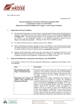 Ref.: DSE/CR 3/2018 4 September 2017 Hong Kong Diploma of Secondary Education Examination 2018 Examination Circular No. (2) 2017