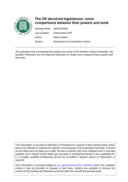 The UK Devolved Legislatures: Some Comparisons Between Their Powers and Work