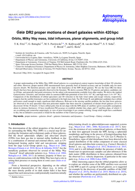 Gaia DR2 Proper Motions of Dwarf Galaxies Within 420 Kpc Orbits, Milky Way Mass, Tidal Inﬂuences, Planar Alignments, and Group Infall