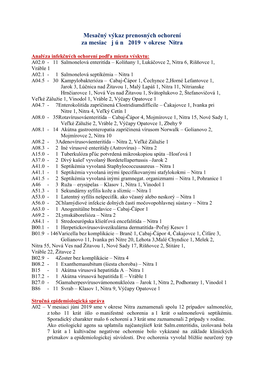 Mesačný Výkaz Prenosných Ochorení Za Mesiac J Ú N 2019 V Okrese Nitra