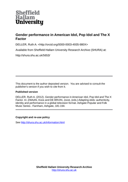 Gender Performance in American Idol, Pop Idol and the X Factor DELLER, Ruth A