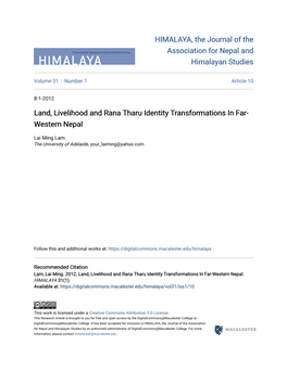 Land, Livelihood and Rana Tharu Identity Transformations in Far- Western Nepal