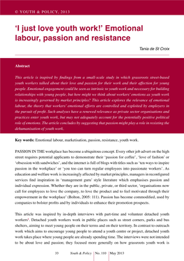 'I Just Love Youth Work!' Emotional Labour, Passion and Resistance