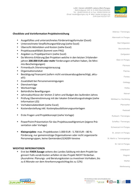 Checkliste Und Vorinformation Projekteinreichung • Ausgefülltes Und Unterzeichnetes Förderantragsformular (Excel) • Unter