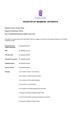 Register of Interests for the Parliamentary