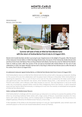 Summer Will Taste of Italy at Hôtel De Paris Monte-Carlo with the Return of Andrea Berton from 6 July to 22 August 2021