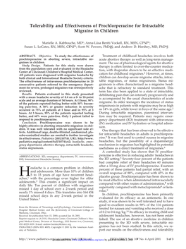 Tolerability and Effectiveness of Prochlorperazine for Intractable Migraine in Children