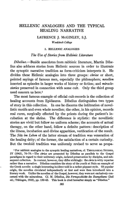 Hellenic Analogies and the Typical Healing Narrative Laurence J