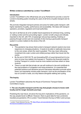 Written Evidence Submitted by London Travelwatch Introduction London Travelwatch Is the Official Body Set up by Parliament to Pr