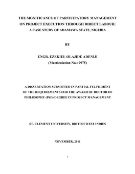 The Significance of Participatory Management on Project Execution Through Direct Labour: a Case Study of Adamawa State, Nigeria