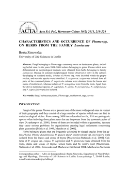 CHARACTERISTICS and OCCURRENCE of Phoma Spp