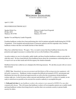 April 13, 2020 DELIVERED ELECTRONICALLY Speaker Robin Vos PO Box 8953 Madison, WI 53708 Majority Leader Scott Fitzgerald PO