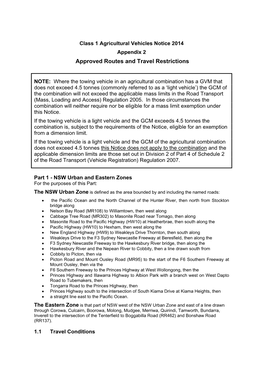 Class 1 Agricultural Vehicles Notice 2014 Appendix 2 Approved Routes and Travel Restrictions