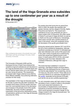 The Land of the Vega Granada Area Subsides up to One Centimeter Per Year As a Result of the Drought 29 November 2017