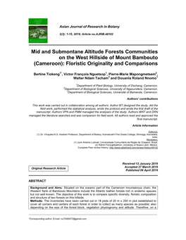 Mid and Submontane Altitude Forests Communities on the West Hillside of Mount Bambouto (Cameroon): Floristic Originality and Comparisons