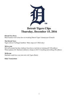Detroit Tigers Clips Thursday, December 15, 2016