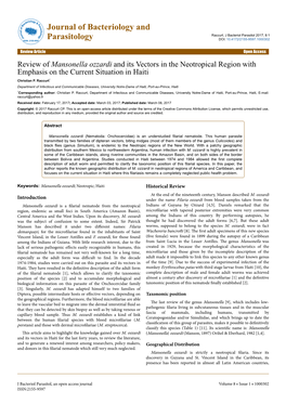 Review of Mansonella Ozzardi and Its Vectors in the Neotropical Region with Emphasis on the Current Situation in Haiti Christian P