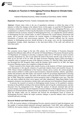 Analysis on Tourism in Heilongjiang Province Based on Climate Index Dandan Qi Institute of Business Economy, Harbin University of Commerce, Harbin 150028