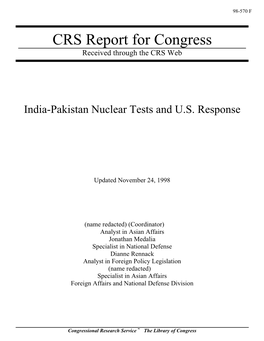 India-Pakistan Nuclear Tests and U.S. Response