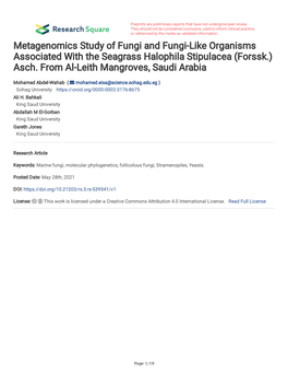 Metagenomics Study of Fungi and Fungi-Like Organisms Associated with the Seagrass Halophila Stipulacea (Forssk.) Asch. from Al-Leith Mangroves, Saudi Arabia