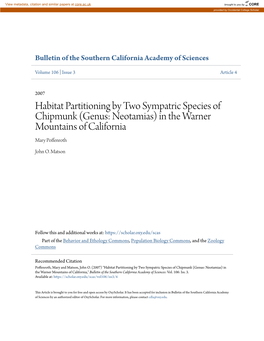 Habitat Partitioning by Two Sympatric Species of Chipmunk (Genus: Neotamias) in the Warner Mountains of California Mary Poffenroth