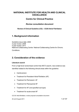 Review of Clinical Guideline (CG) – CG36 Atrial Fibrillation