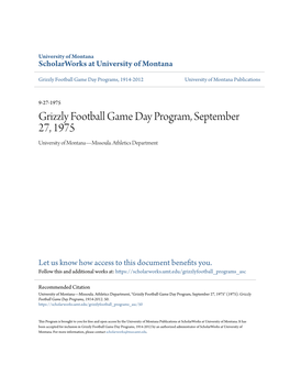 Grizzly Football Game Day Program, September 27, 1975 University of Montana—Missoula