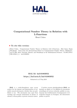 Computational Number Theory in Relation with L-Functions Henri Cohen