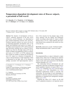 Temperature-Dependent Development Rates of Bracon Vulgaris, a Parasitoid of Boll Weevil