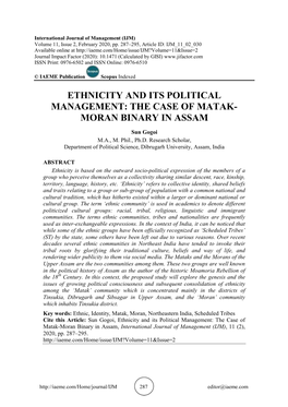 Ethnicity and Its Political Management: the Case of Matak- Moran Binary in Assam