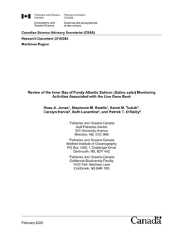 Review of the Inner Bay of Fundy Atlantic Salmon (Salmo Salar) Monitoring Activities Associated with the Live Gene Bank