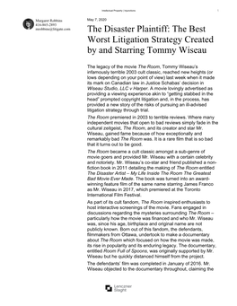 The Disaster Plaintiff: the Best Worst Litigation Strategy Created by and Starring Tommy Wiseau